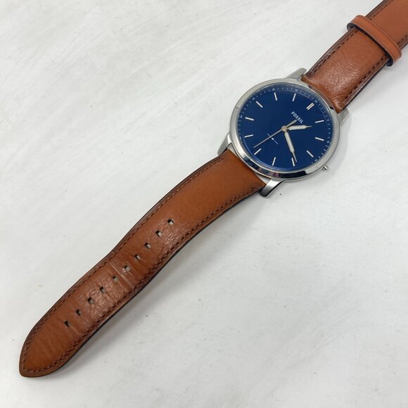 Fossil Minimalist Watch Men MISSING CROWN 44mm Silver Tone Blue Dial Leather - Picture 15 of 16